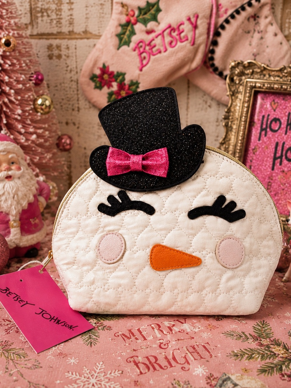 Betsey Johnson Happy Snowman‎ Kitsch Cosmetic Bag with Quilted Hearts